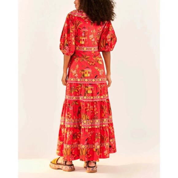 FARM RIO Womens Sz M Red Secret Garden Organic Cotton Maxi Dress - Picture 6 of 16